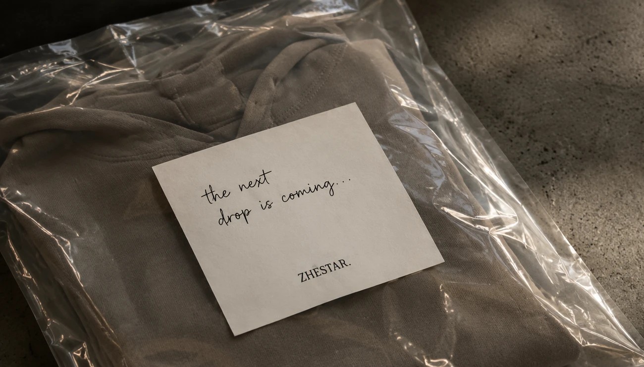 ZHESTAR hoodie packaged next to a handwritten note: the next drop is coming